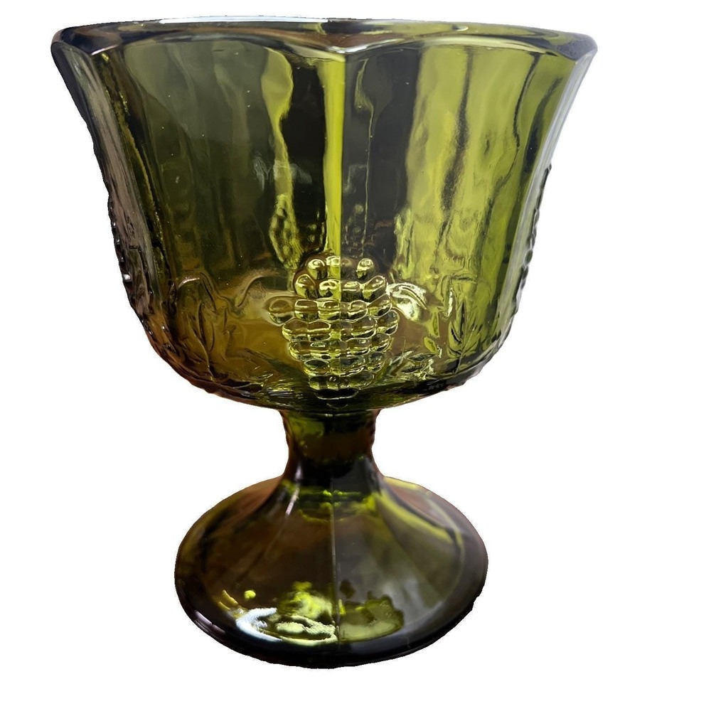 Vintage Indian Glass Harvest Grape Footed Compote Green Candy Dish 6.5" Boho MCM
